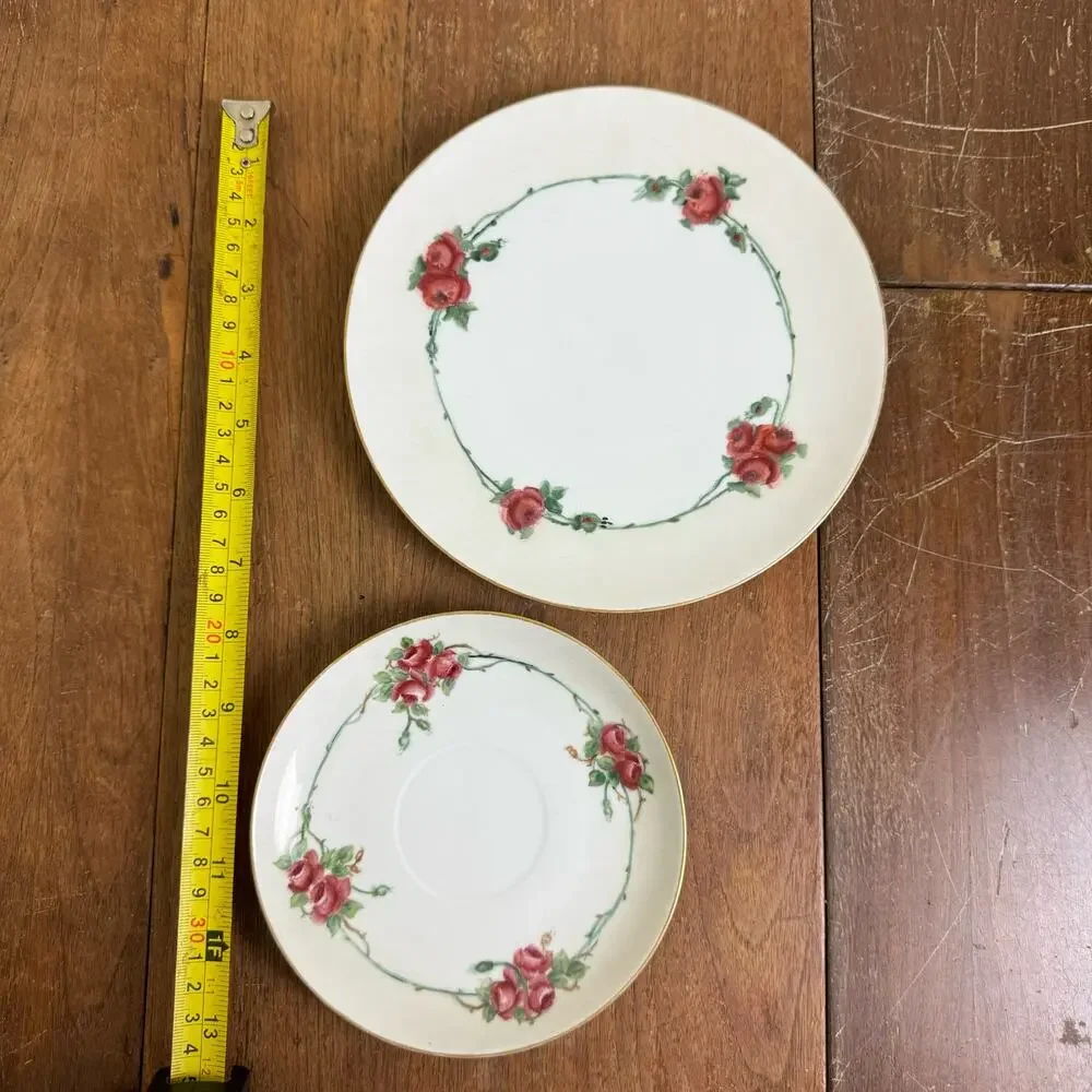 Antique Gotham Austria W.E.B. red rose transferware cup‎ saucer & cookie plate